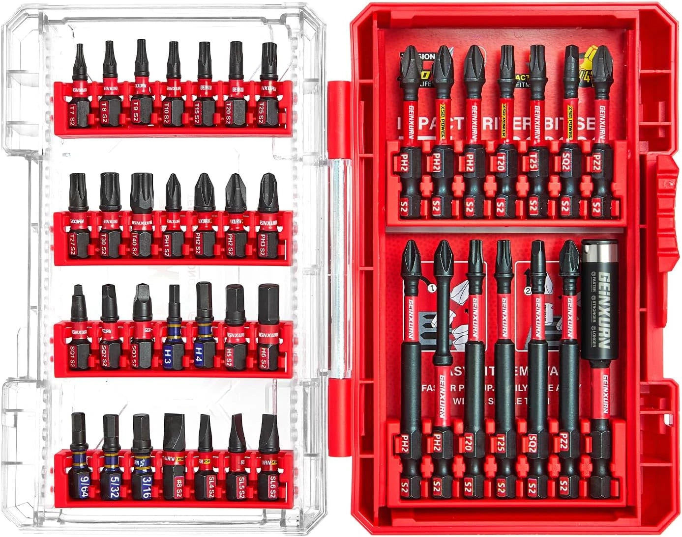 42-Piece Impact Screwdriver Bits Set, Magnetic S2 Steel, Phillips/Slotted/Square
