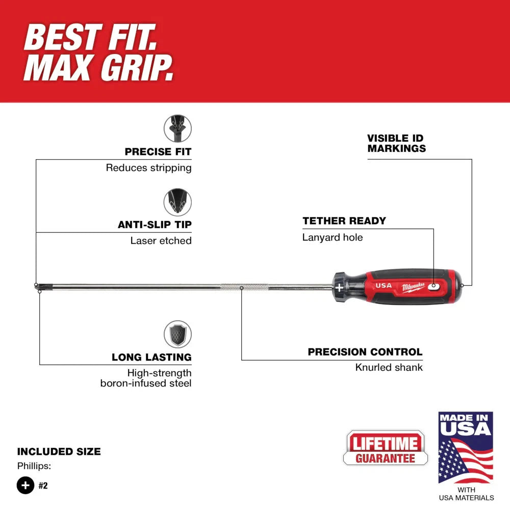 Milwaukee MT204 #2 10" Cushion Grip Phillips Screwdriver - Made In USA