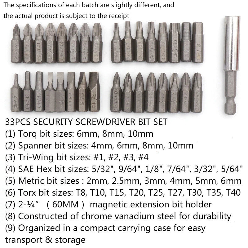 33Pcs Security Bit Set Tamper Proof Torx Spanner Screwdriver Star Hex Holder Rod