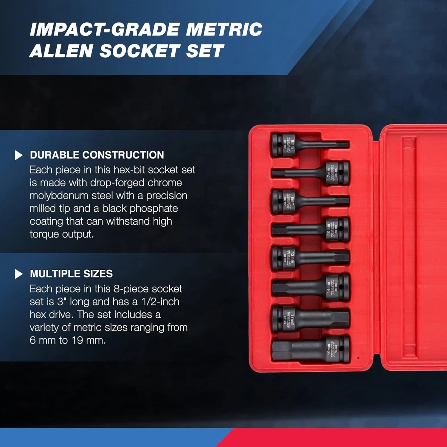 Neiko 01136B 1/2-Inch Drive Allen Hex Impact Socket Set, Metric, 1/2" Metric