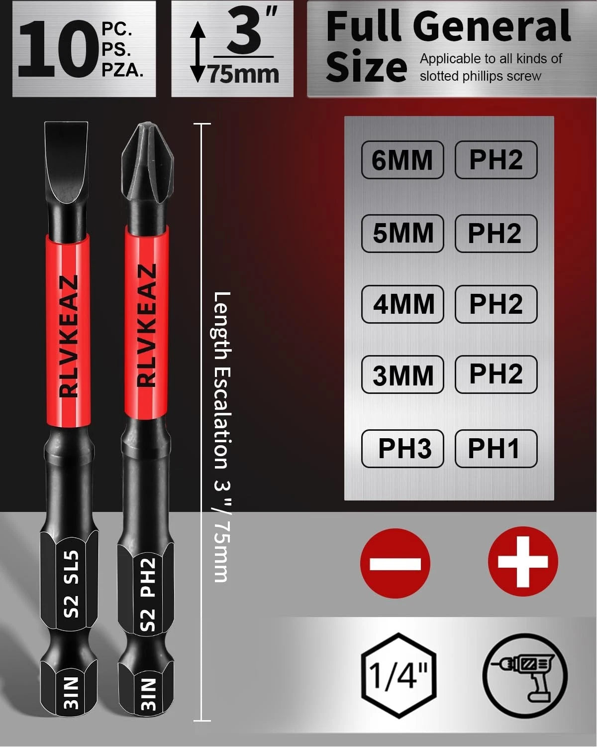 10-PCS 3" Long Magnetic Screwdriver Bits Set: Phillips Bits #1/#2/#3 & Slotted H