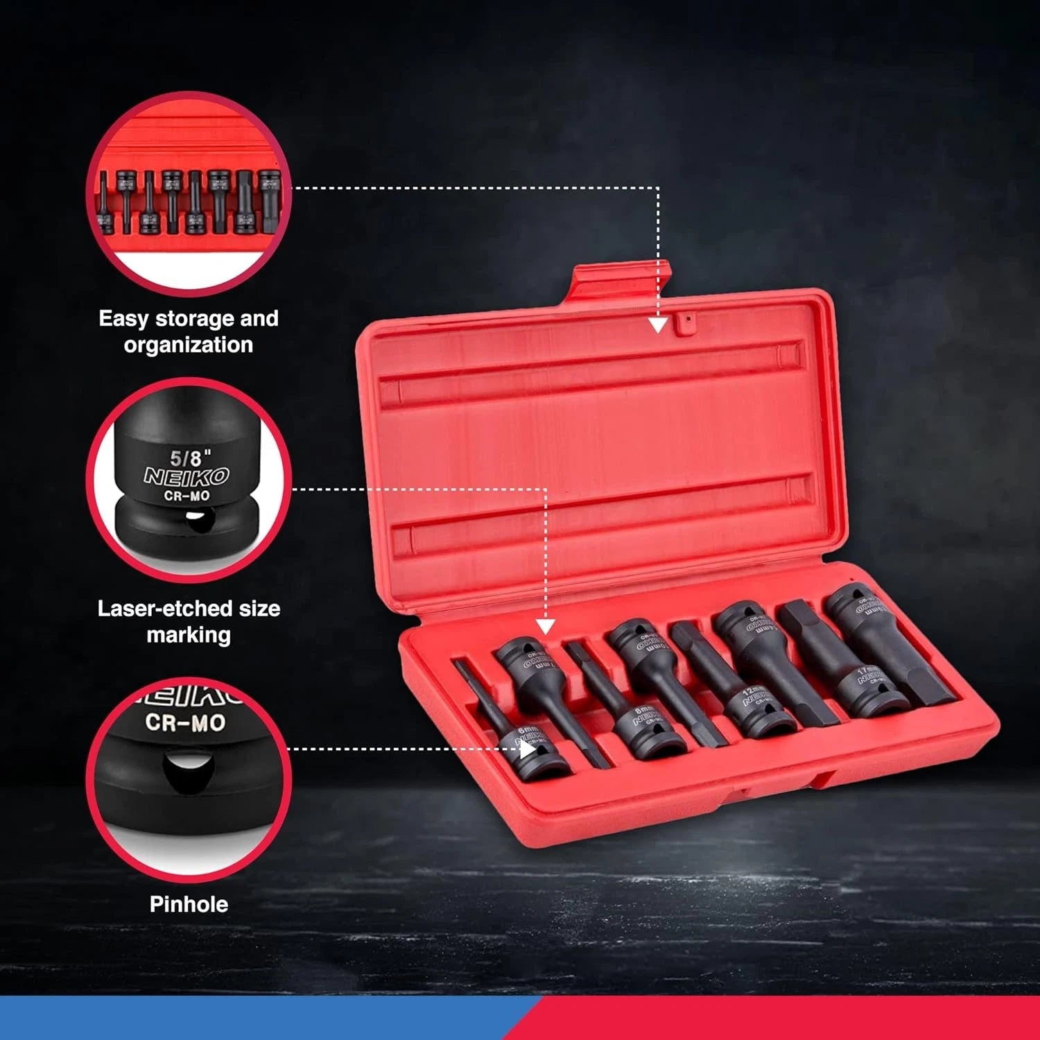 Neiko 01136B 1/2-Inch Drive Allen Hex Impact Socket Set, Metric, 1/2" Metric