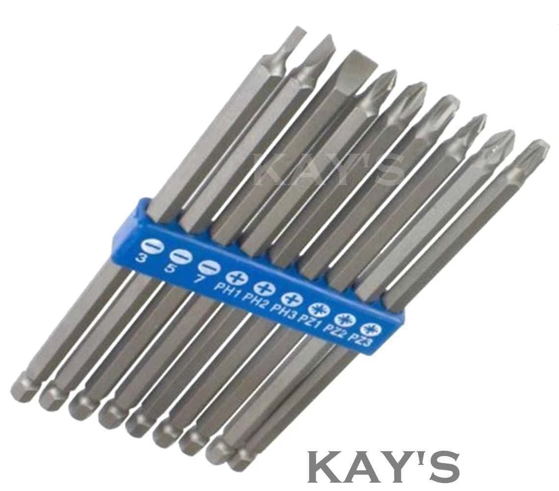 EXTRA LONG SCREWDRIVER BITS 150mm 9PCE. SET POZI PHILLIPS SLOTTED CRV POWER BIT