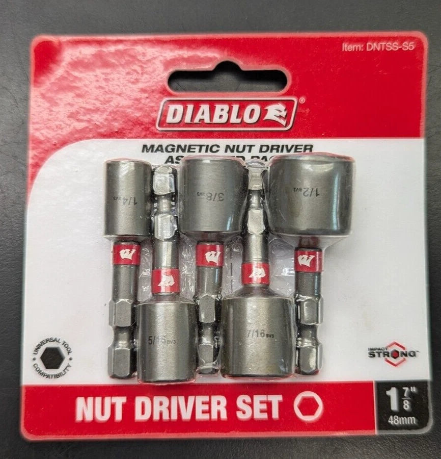 NEW DIABLO 5 Pc. Magnetic Nut Driver Assorted pack 1-7/8" long-DNTSS-S5-F. Ship