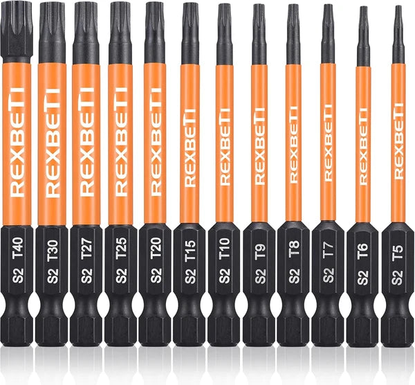 REXBETI 12 Piece Torx Head Screwdriver Bit Set, 1/4 Inch Hex Shank S2 Steel Magn