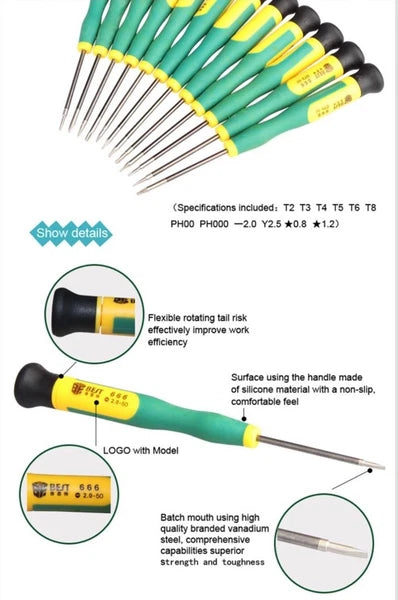 12PCS Screwdriver Tool Set With Torx T2 T3 T4 T5 T6 T8, Pentalobe 0.8 1.2 P5 P2