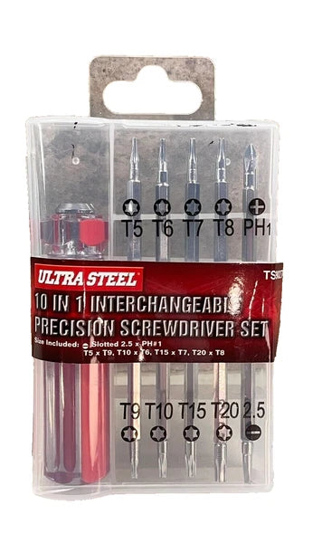 10 in 1 Interchangeable Precision Screwdriver Tool Set - Stotted PH1 Stars Bits