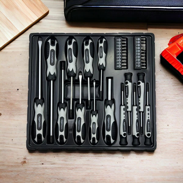 Amazon Basics 34-Piece Magnetic Tip Screwdriver Set - 34-Piece, Grey, Black