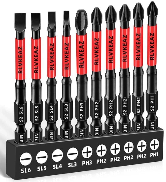 10-PCS 3" Long Magnetic Screwdriver Bits Set: Phillips Bits #1/#2/#3 & Slotted H
