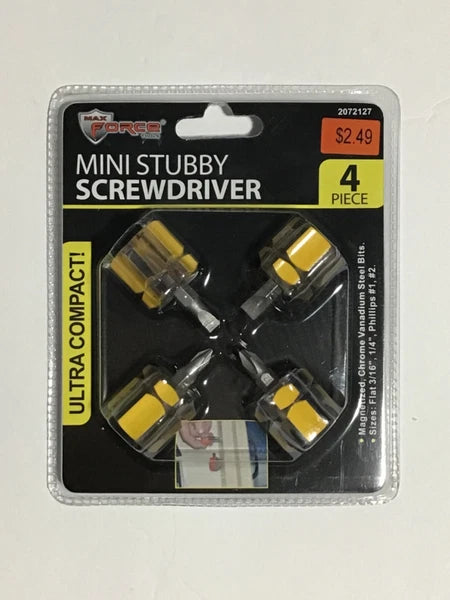 1 SET OF 4 PC MAX FORCE MINI STUBBY SCREWDRIVER YELLOW COLOR