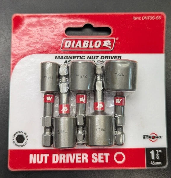 NEW DIABLO 5 Pc. Magnetic Nut Driver Assorted pack 1-7/8" long-DNTSS-S5-F. Ship