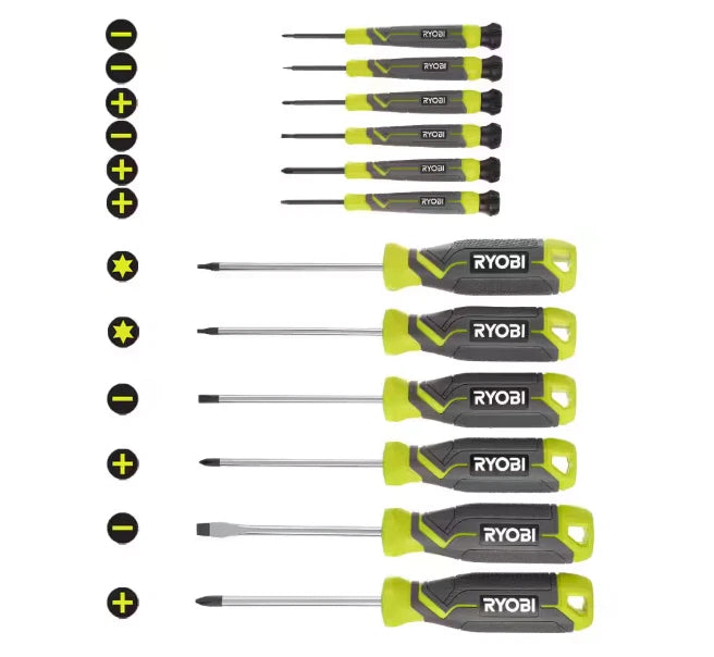RYOBI 12-Piece Screwdriver Set – Magnetic Tips, Cushion Grip, Anti-Roll