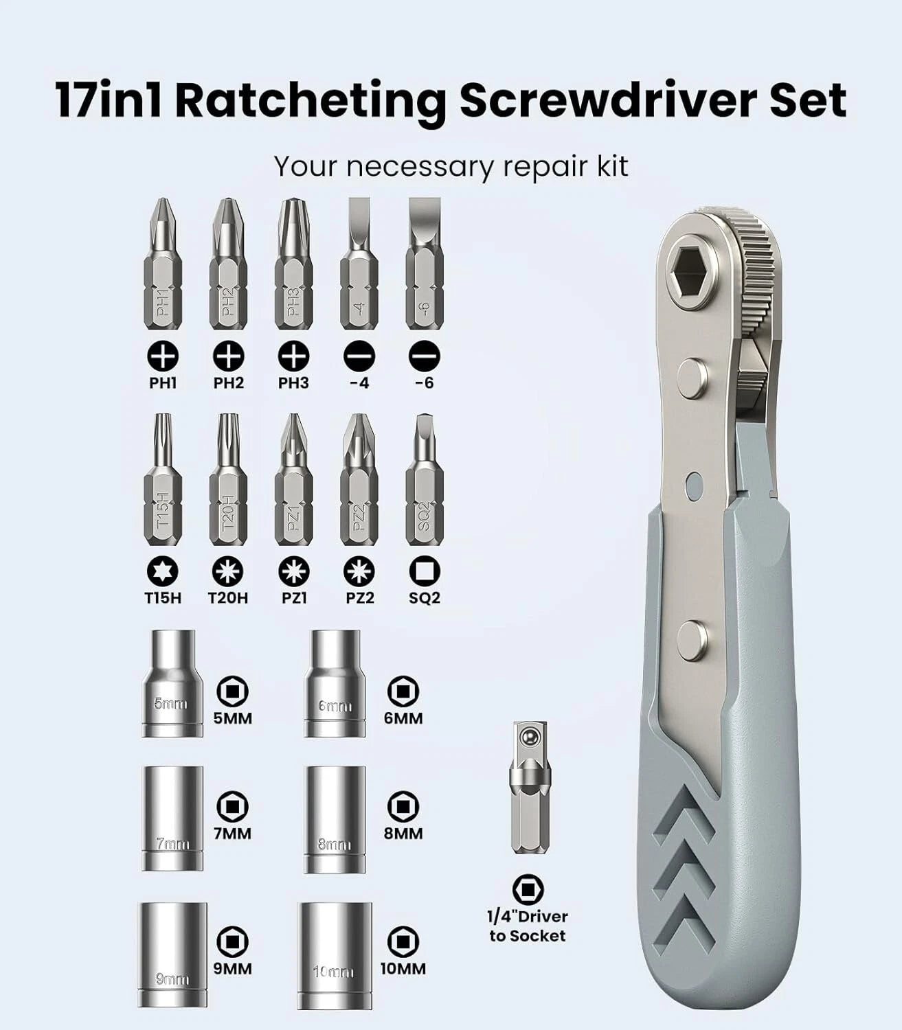 17in1 Right Angle Ratcheting Screwdriver Set, [Bearing Steel] 36-Tooth Mini Ratc