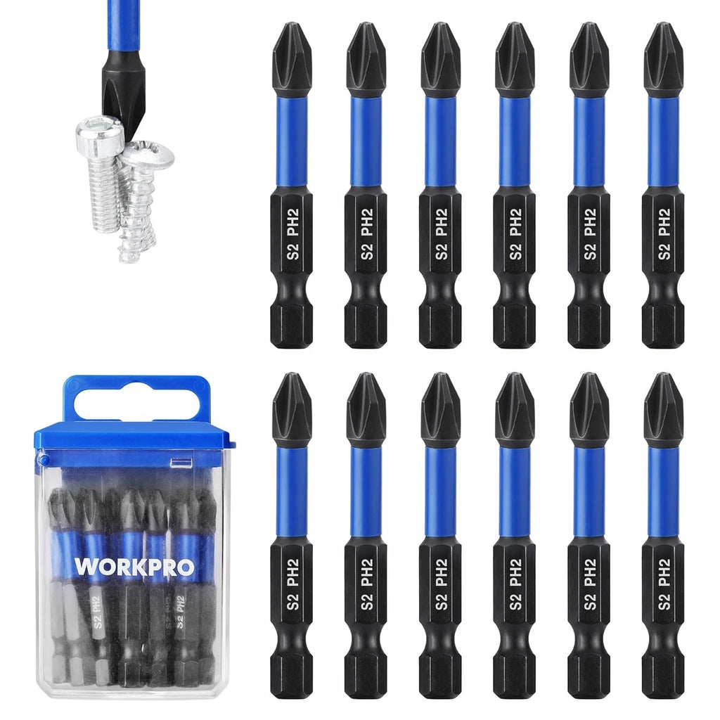 WORKPRO 12pcs PH2 Impact Phillips Screwdriver Bit Set, CNC Machined S2 2 in