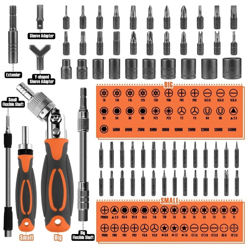 Ratchet Screwdriver Set 68 in 1 Hexagonal Cross Torx Magnetic Screwdriver Tough