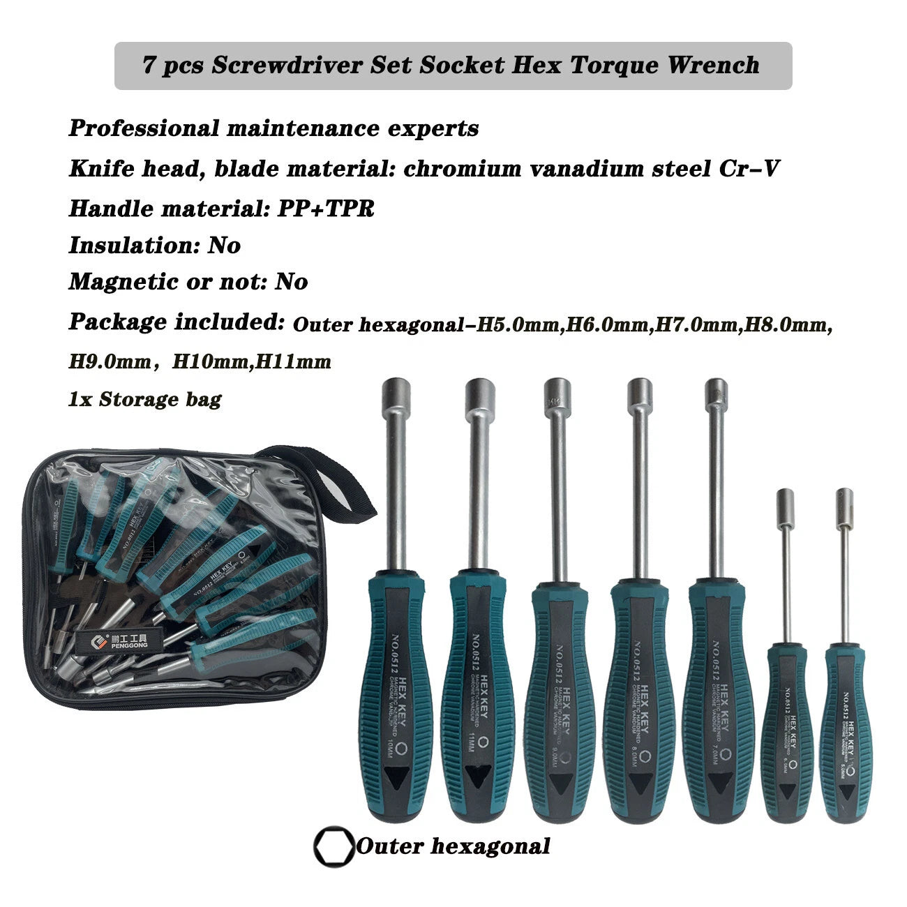 7pcs Metal Socket Wrench Screwdriver set Hex Steel Hex Torque Hexagonal 5mm-11mm