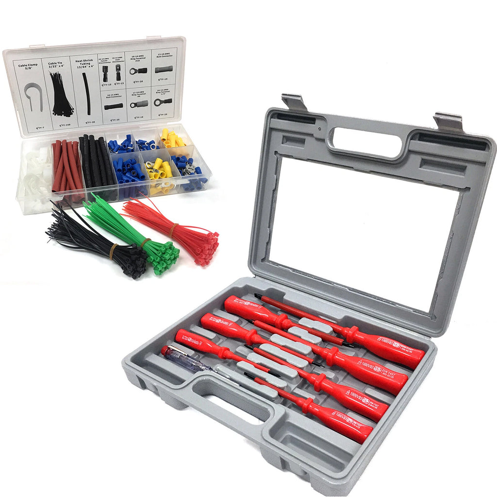 7 pcs Insulated Screwdriver and Mains Tester Set + 308 pcs Electrical Assortment