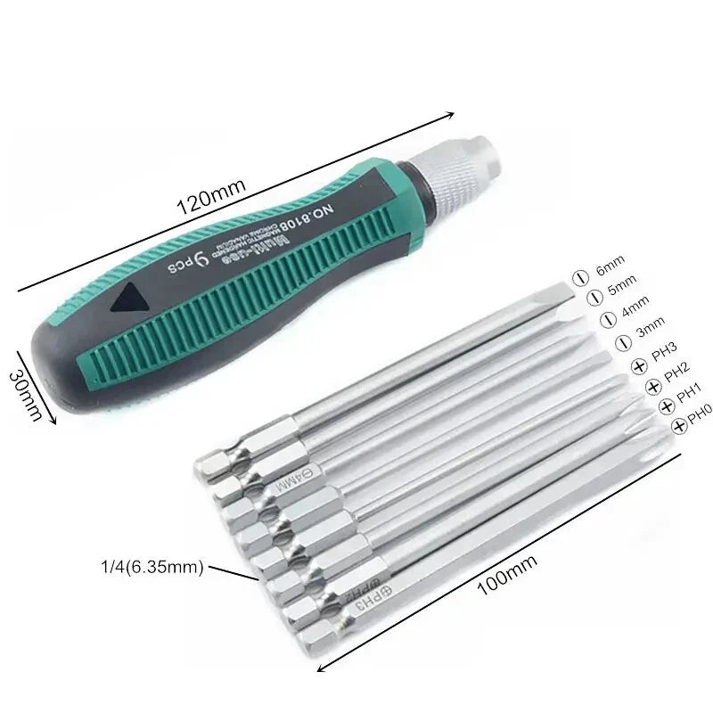 9Pcs/set Precision Screwdriver Set 1/4"/6.35mm Slotted Bits with Magnetic Tools