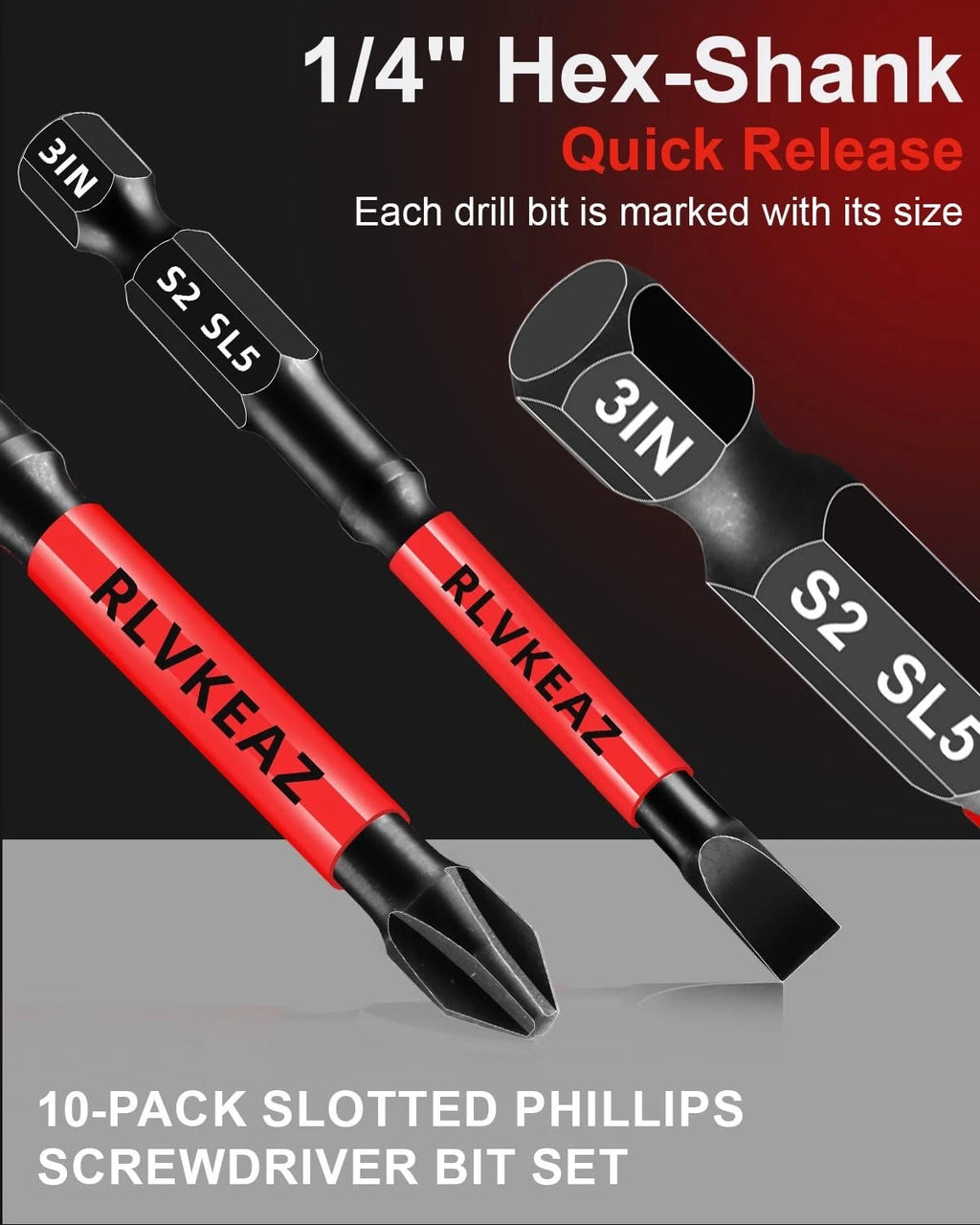 10-PCS 3" Long Magnetic Screwdriver Bits Set: Phillips Bits #1/#2/#3 & Slotted H