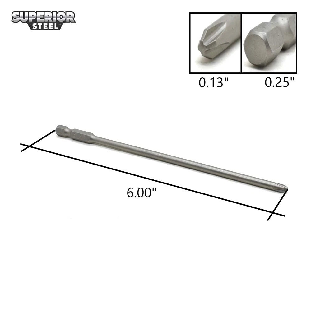2# Phillips Head Power Screwdriver Bits - 6 Inch Long - 4.5mm Dia - 5 Pack