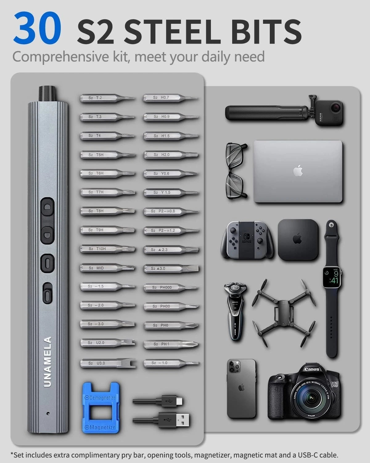 Small Electric Precision Screwdriver Cordless - 3 Torque Settings, 30 S2 Bits