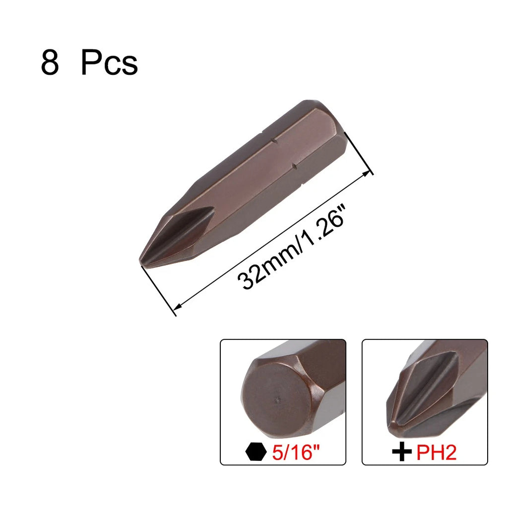 8 pcs Phillips Bits 5/16-inch 8mm Hex Shank 32mm Length PH2 S2 Screwdriver Bit