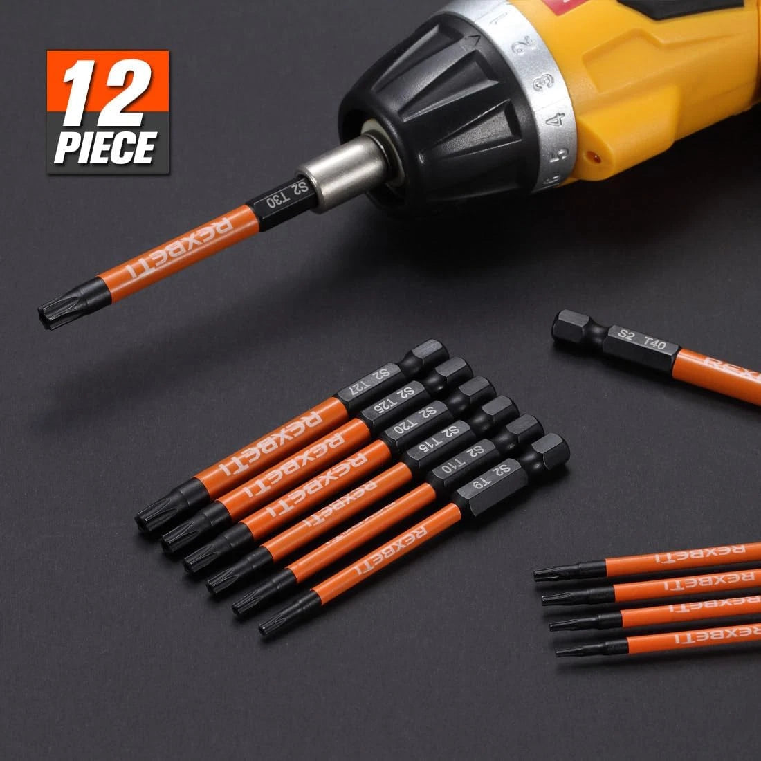 REXBETI 12 Piece Torx Head Screwdriver Bit Set, 1/4 Inch Hex Shank S2 Steel Magn