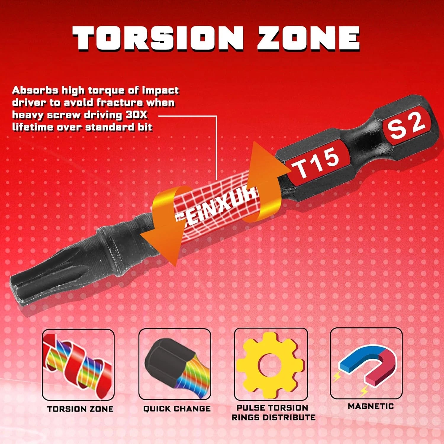 42-Piece Impact Screwdriver Bits Set, Magnetic S2 Steel, Phillips/Slotted/Square