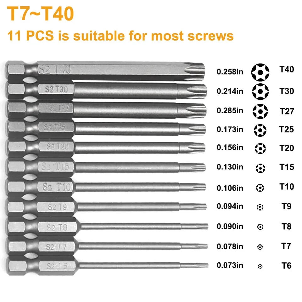 11Pcs T7-T40 Magnetic Head Torx Screwdriver Bit Set Security Tamper Proof Star
