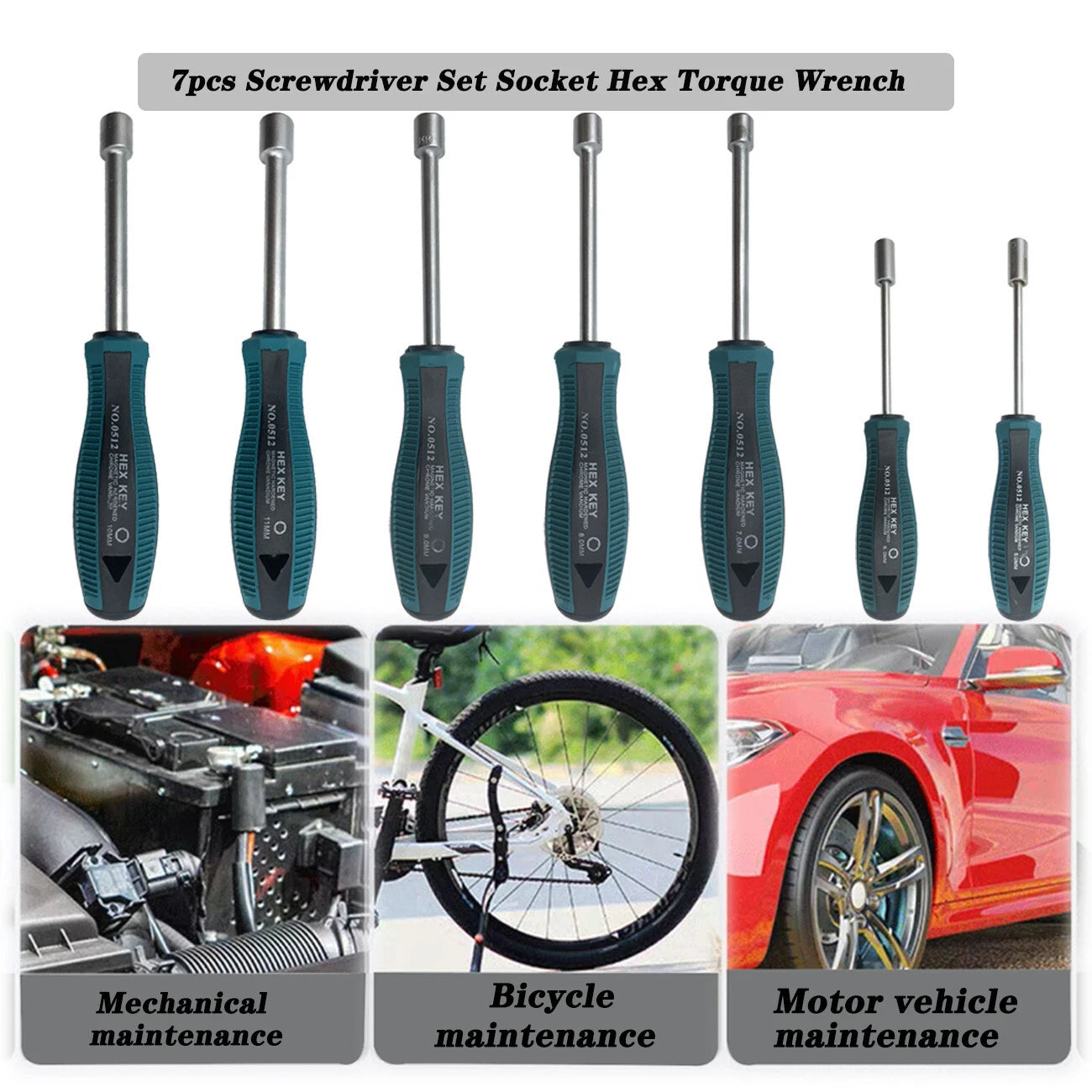 7pcs Metal Socket Wrench Screwdriver set Hex Steel Hex Torque Hexagonal 5mm-11mm