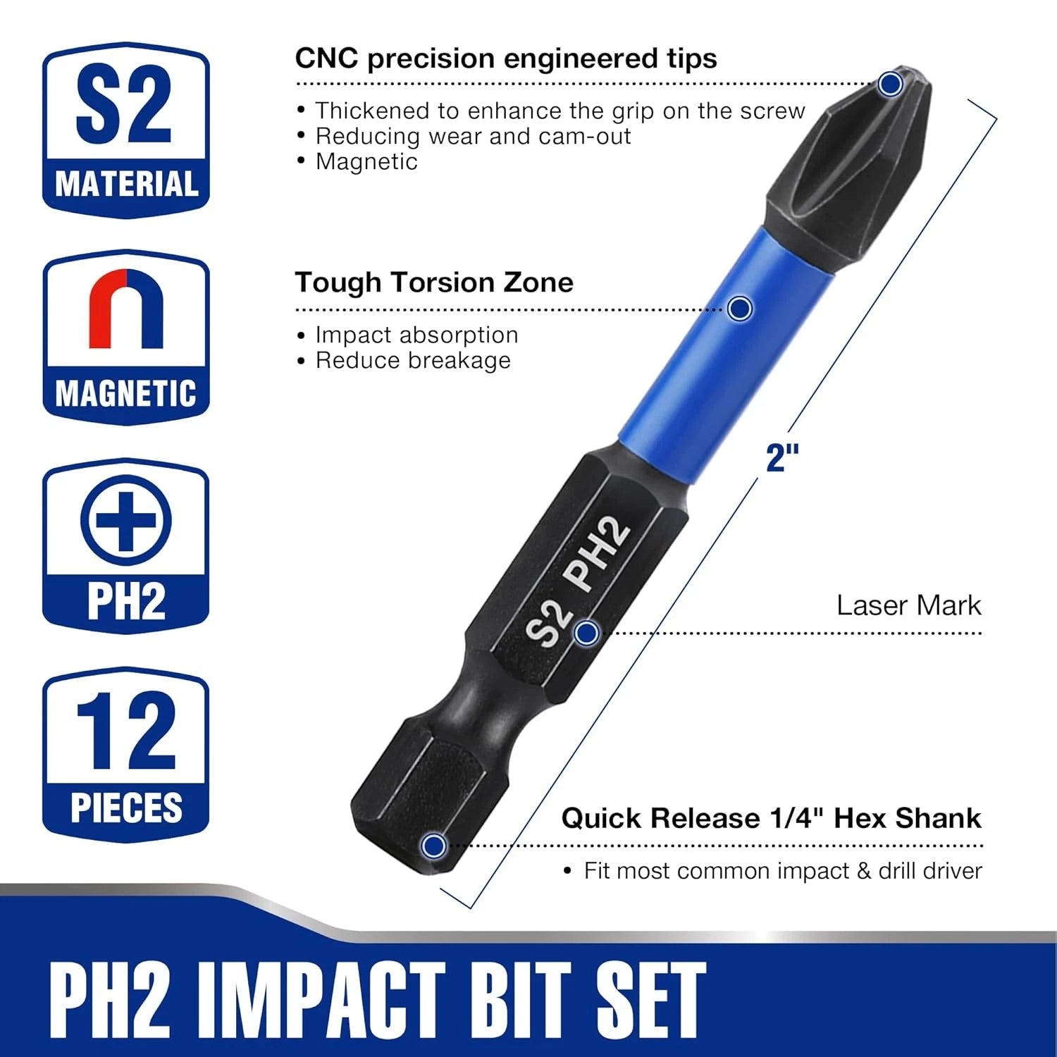 WORKPRO 12pcs PH2 Impact Phillips Screwdriver Bit Set, CNC Machined S2 2 in