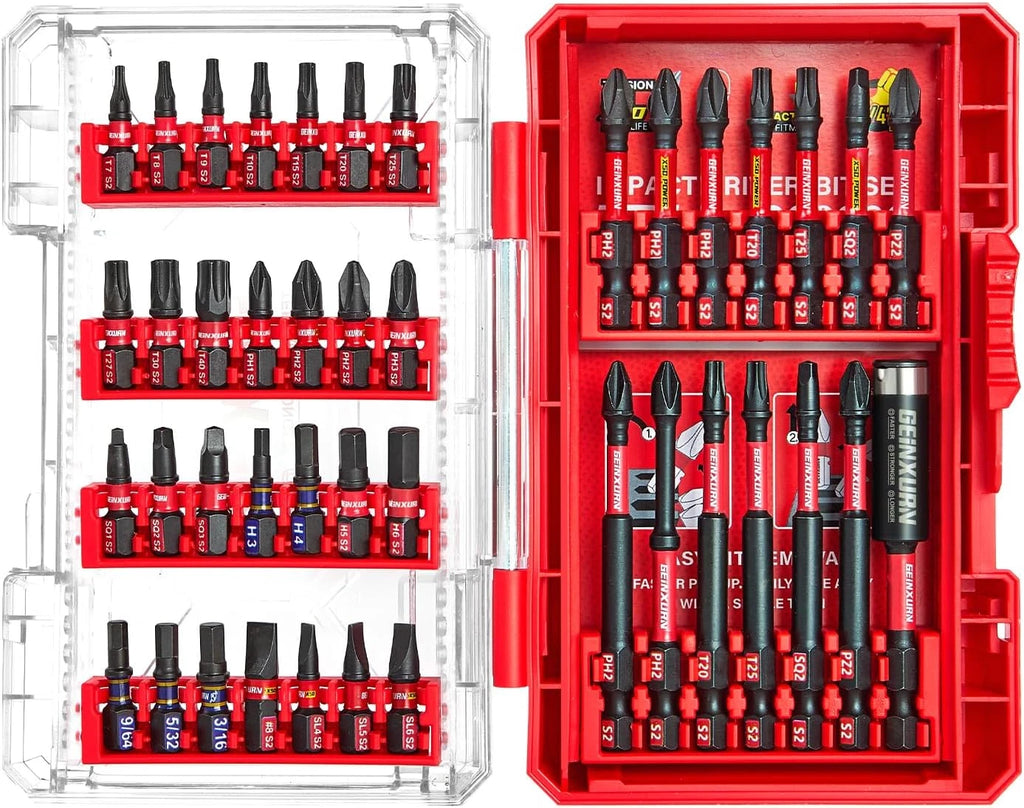 42-Piece Impact Screwdriver Bits Set, Magnetic S2 Steel, Phillips/Slotted/Square
