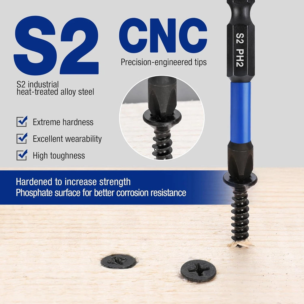 WORKPRO 12pcs PH2 Impact Phillips Screwdriver Bit Set, CNC Machined S2 2 in