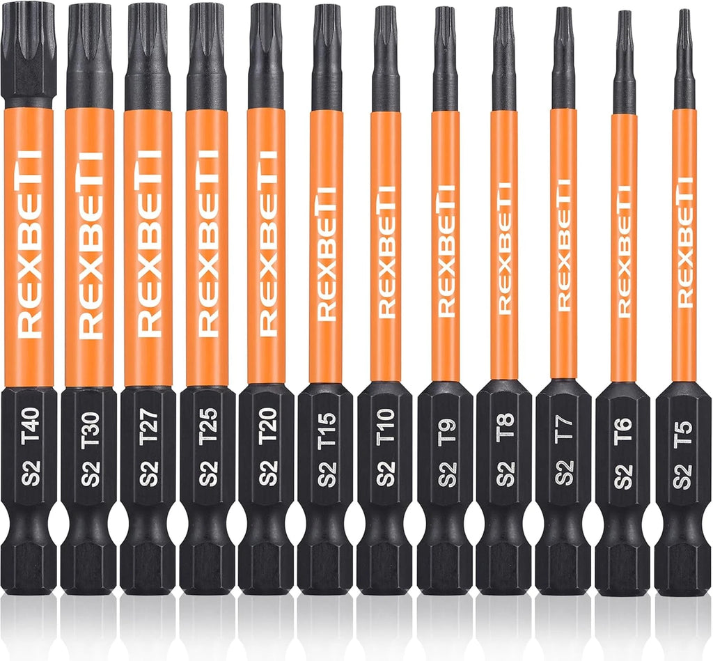 REXBETI 12 Piece Torx Head Screwdriver Bit Set, 1/4 Inch Hex Shank S2 Steel Magn