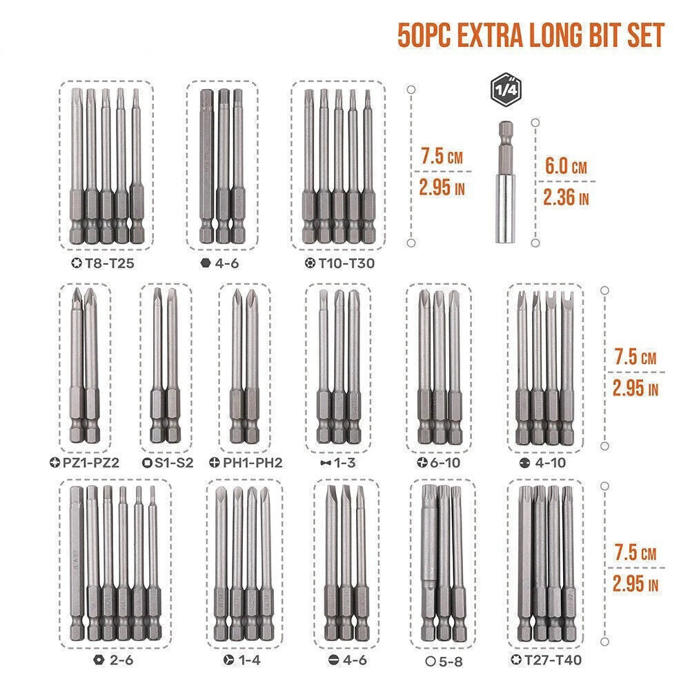 US 50PCS Extra Long Security Bits Hex Torx Star Spline Flat Screwdriver Bit  Set