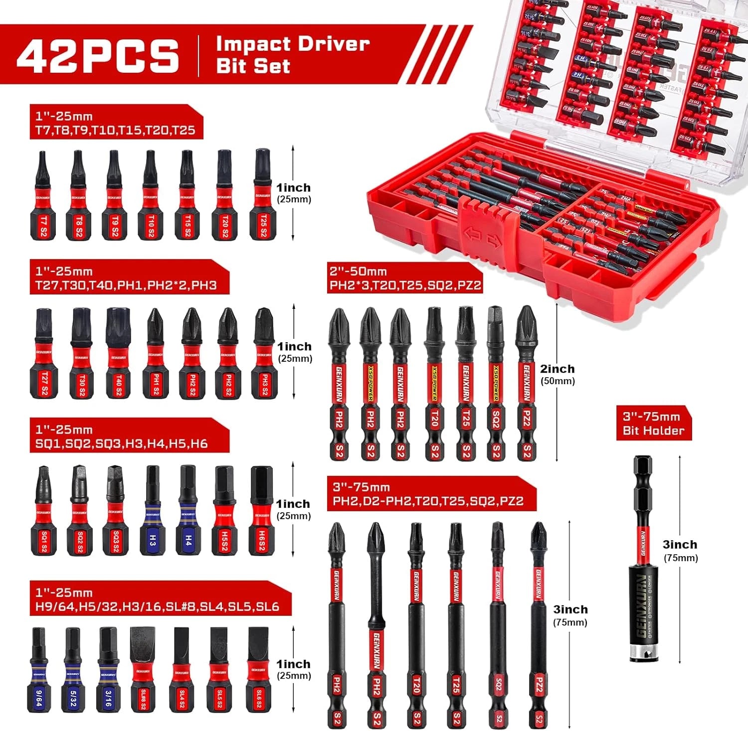 42-Piece Impact Screwdriver Bits Set, Magnetic S2 Steel, Phillips/Slotted/Square
