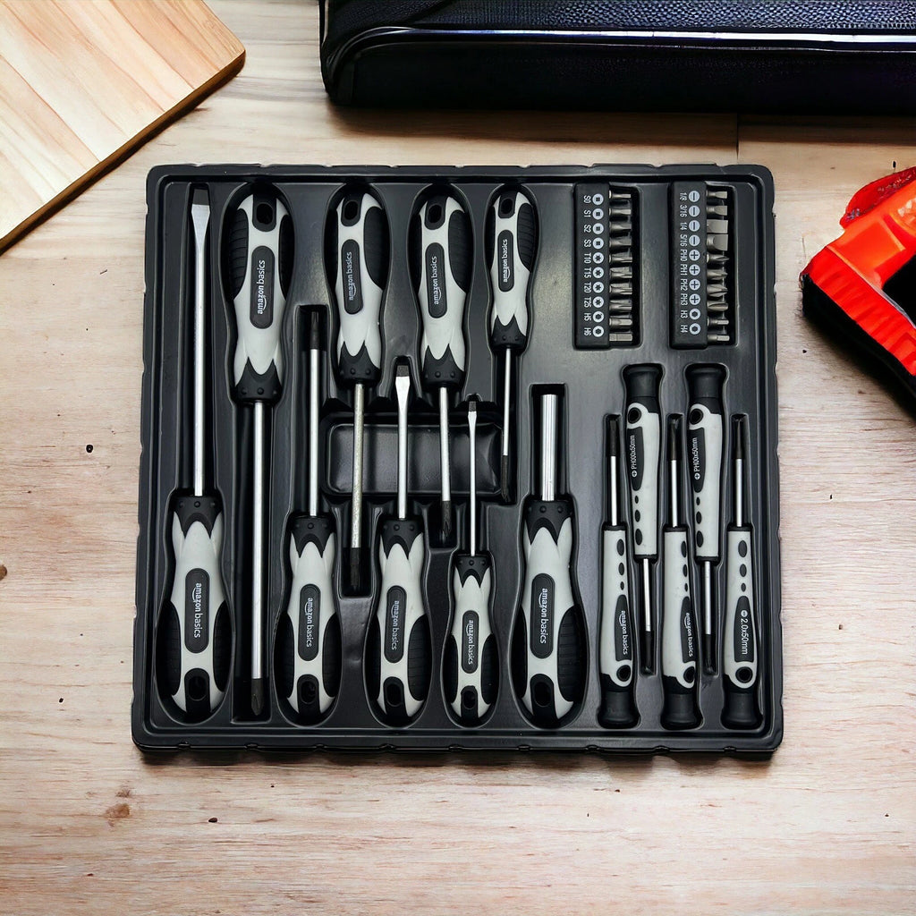 Amazon Basics 34-Piece Magnetic Tip Screwdriver Set - 34-Piece, Grey, Black