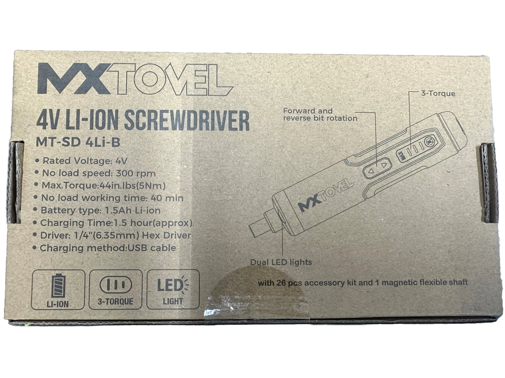 MX Tovel Handheld Electric Screwdriver 26 Piece Set 4V Li-Ion USB Charger LED