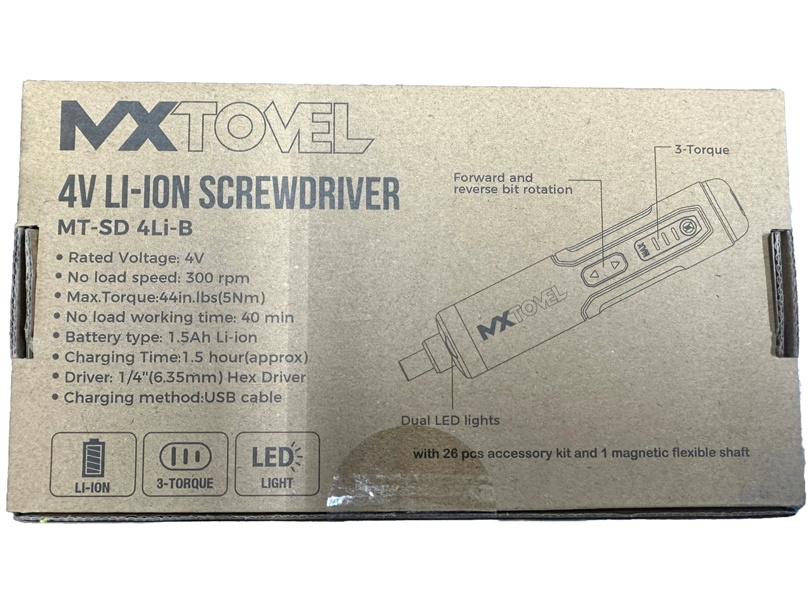 MX Tovel Handheld Electric Screwdriver 26 Piece Set 4V Li-Ion USB Charger LED