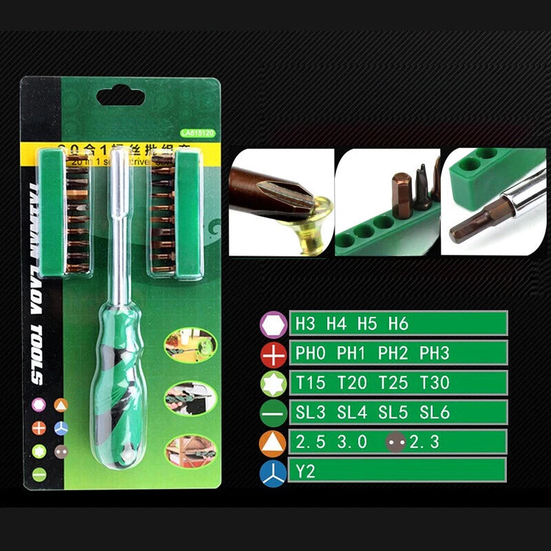 20 In 1 S2 Screwdrivers Set with Hex Slotted Torx Trilateral Screwdriver Bits
