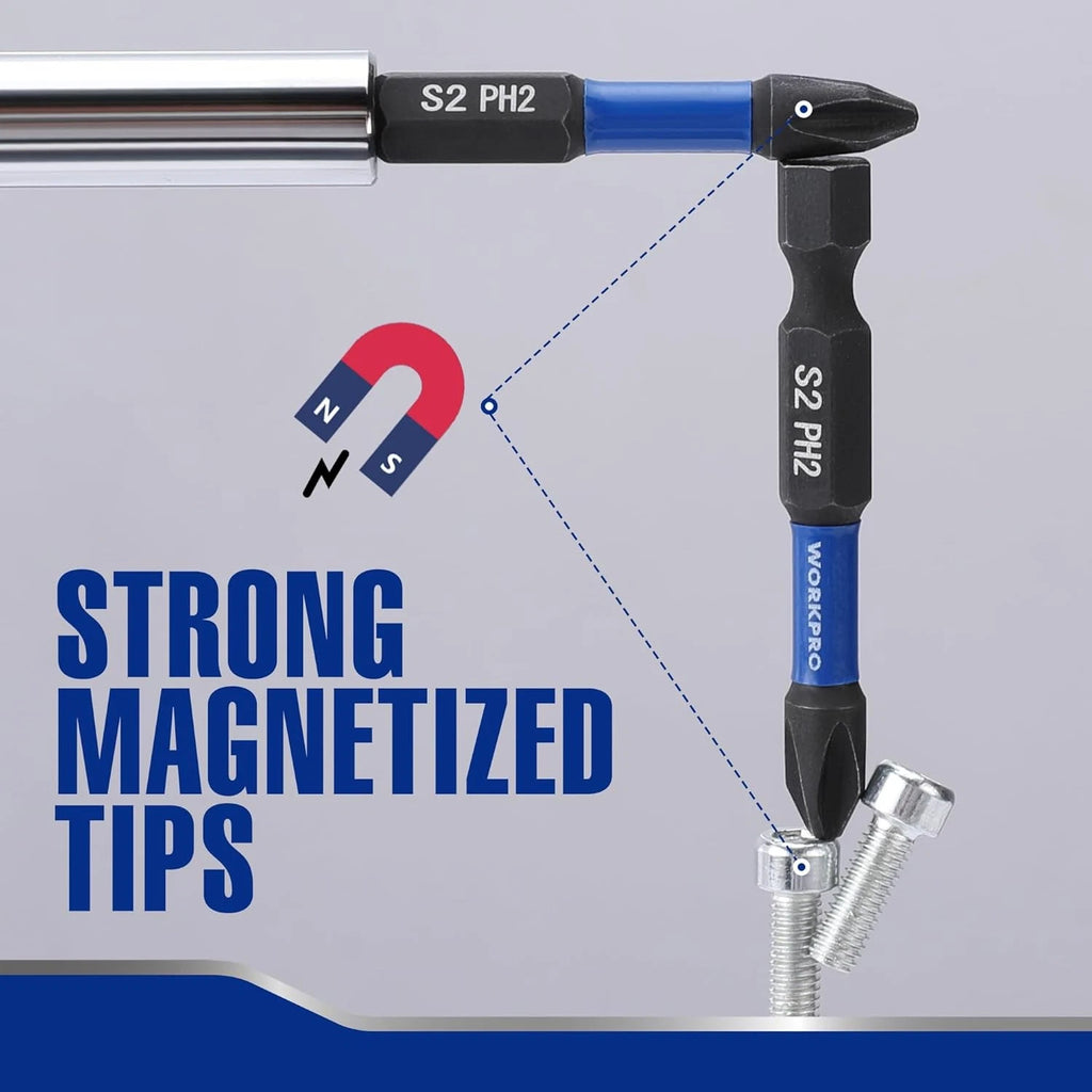 WORKPRO 12pcs PH2 Impact Phillips Screwdriver Bit Set, CNC Machined S2 2 in