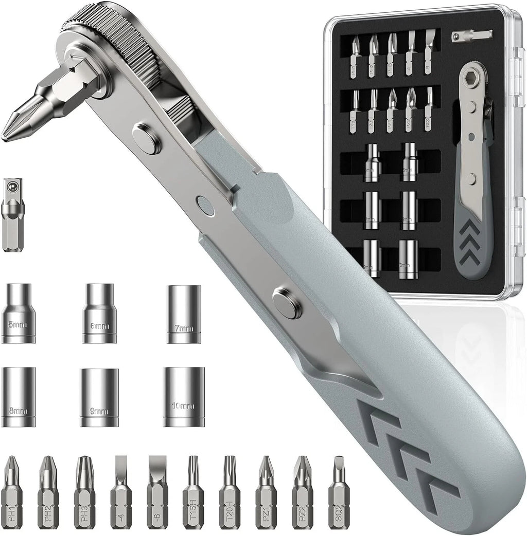 17in1 Right Angle Ratcheting Screwdriver Set, [Bearing Steel] 36-Tooth Mini Ratc