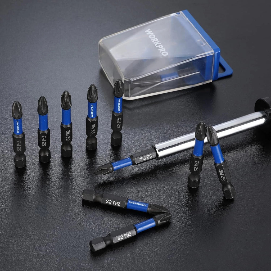 WORKPRO 12pcs PH2 Impact Phillips Screwdriver Bit Set, CNC Machined S2 2 in