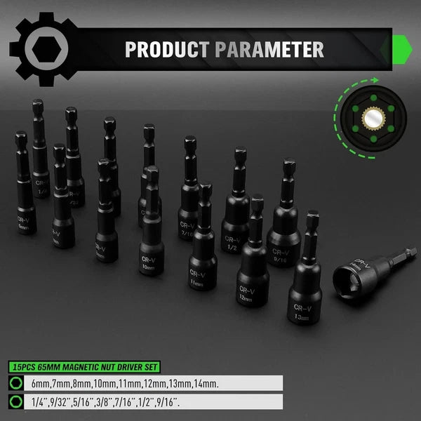 55-Piece Magnetic Nut Driver Set, Metric & SAE 1/4" Hex Shank, Impact Driver