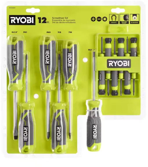 RYOBI 12-Piece Screwdriver Set – Magnetic Tips, Cushion Grip, Anti-Roll