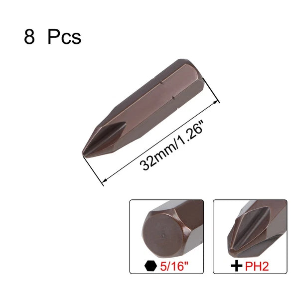 8 pcs Phillips Bits 5/16-inch 8mm Hex Shank 32mm Length PH2 S2 Screwdriver Bit