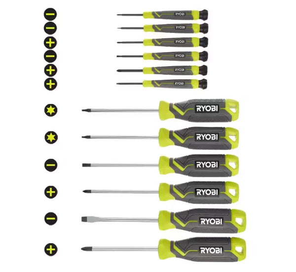 RYOBI 12-Piece Screwdriver Set – Magnetic Tips, Cushion Grip, Anti-Roll