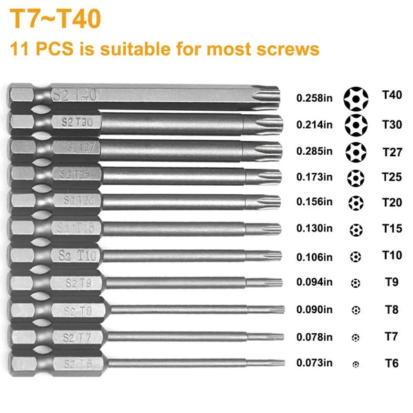 11Pcs T7-T40 Magnetic Head Torx Screwdriver Bit Set Security Tamper Proof Star