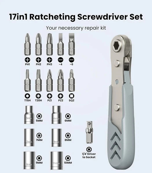 17in1 Right Angle Ratcheting Screwdriver Set, [Bearing Steel] 36-Tooth Mini Ratc