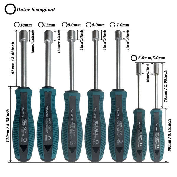 7pcs Metal Socket Wrench Screwdriver set Hex Steel Hex Torque Hexagonal 5mm-11mm